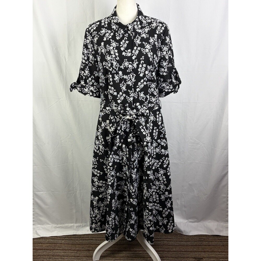 CALVIN KLEIN Sz 10 Medium Shirt Dress Hidden Buttons Belted Black White Floral